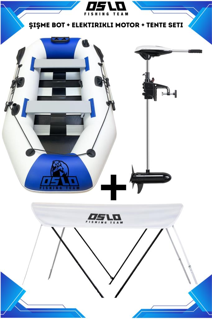 Oslo Fishing Team Mavi Beyaz Şişme Bot Motor ve Tente Seti