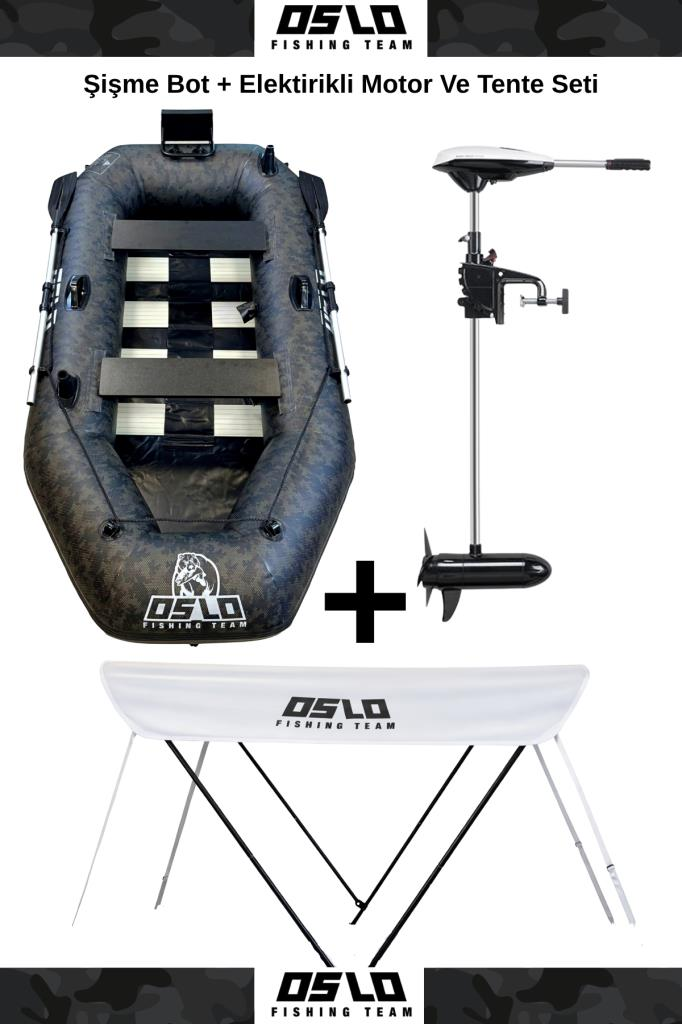 Oslo Fishing Team Kamuflaj (0.90mm) Şişme Bot Motor ve Tente Seti