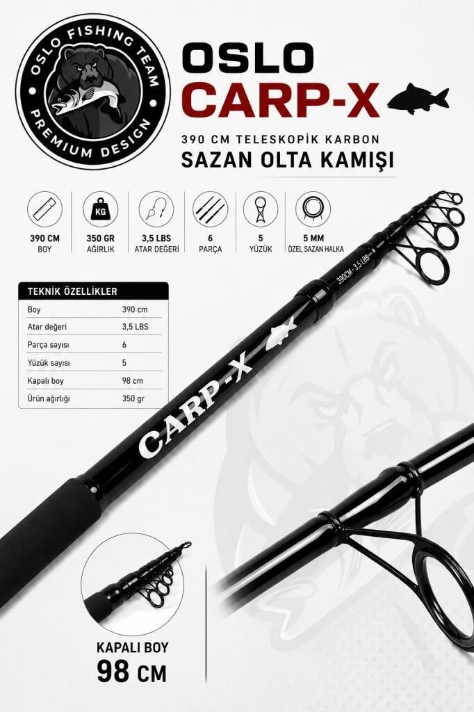 Oslo Carp-X 390cm 3.5 LBS Teleskopik Karbon Sazan Olta Kamışı