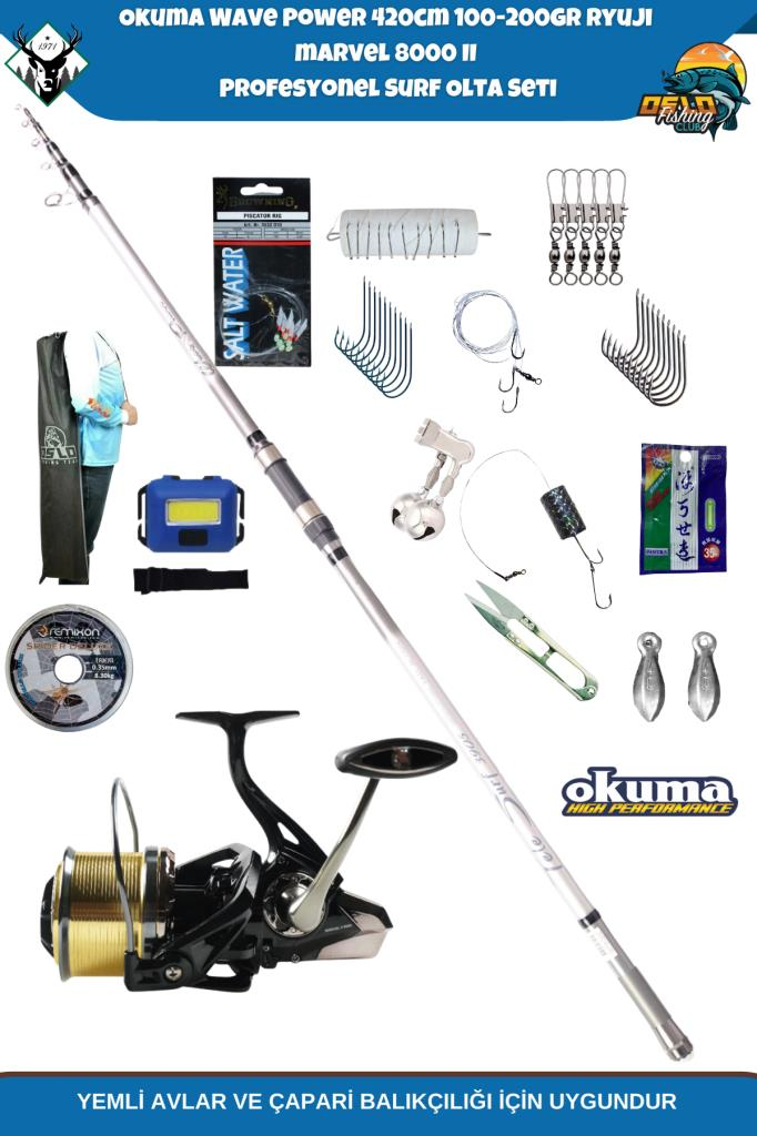 Okuma Wave Power 420cm 100-200gr Ryuji Marvel 8000 II Profesyonel Surf Olta Seti