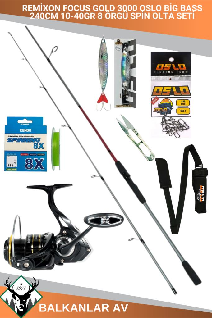 Oslo Big Bass 240cm 10-40gr Remixon Focus GOLD 3000 8 Örgü Spin Olta Seti