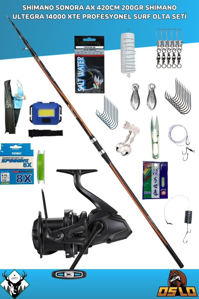 Shimano Sonora AX 420cm 200gr Shimano Ultegra 14000 XTE Profesyonel Surf Olta Seti