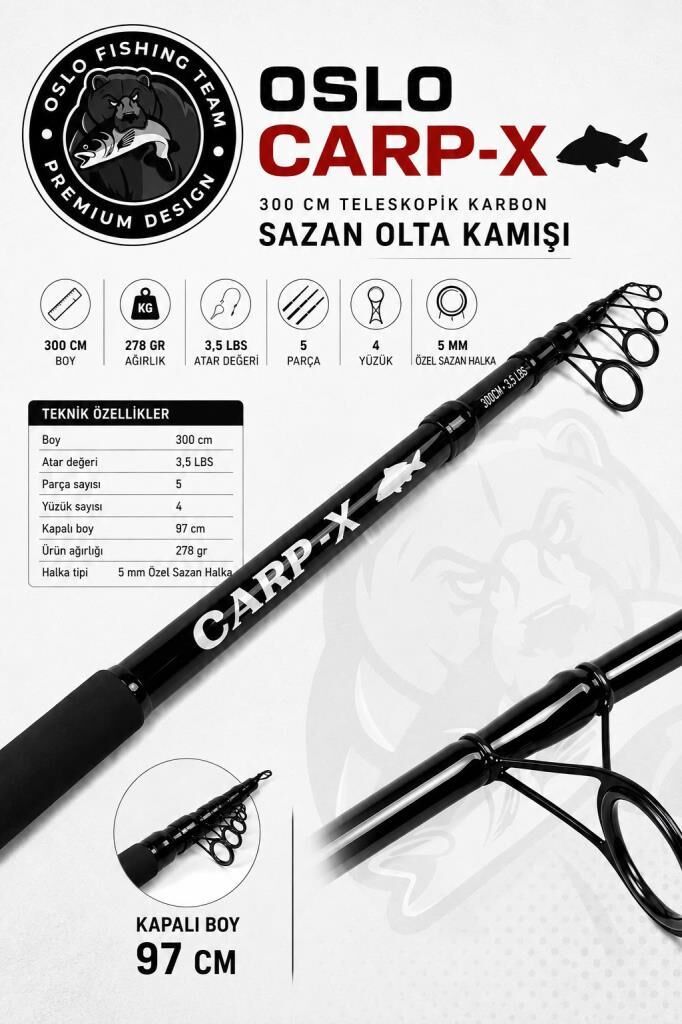 Oslo Carp-X 300cm 3.5 LBS Teleskopik Karbon Sazan Olta Kamışı